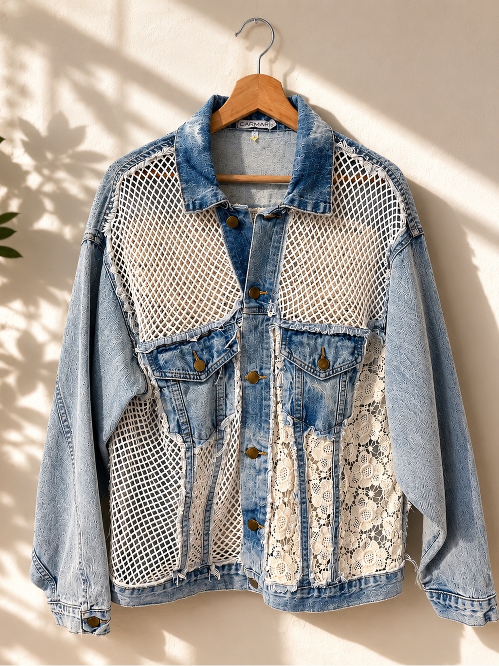 Carmar Light Wash Denim Crochet Lace Patchwork Oversized Jacket S NWOT